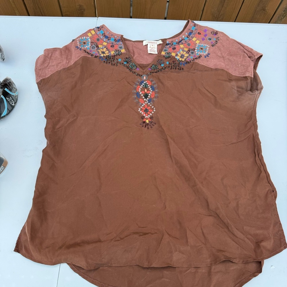 SUNDANCE Silk Bronze Brown Shirt Embellished With Beading‎ Small
